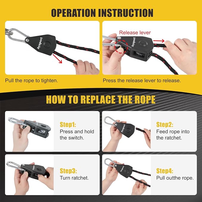 Ayaport Adjustable Rope Hanger Grow Light Hanger, 14Ft 3/8" Heavy Duty Plant Pulley Rope Tightener Ratchet Tie Down for Kayak, Tent Tie Downs, 2 Pack