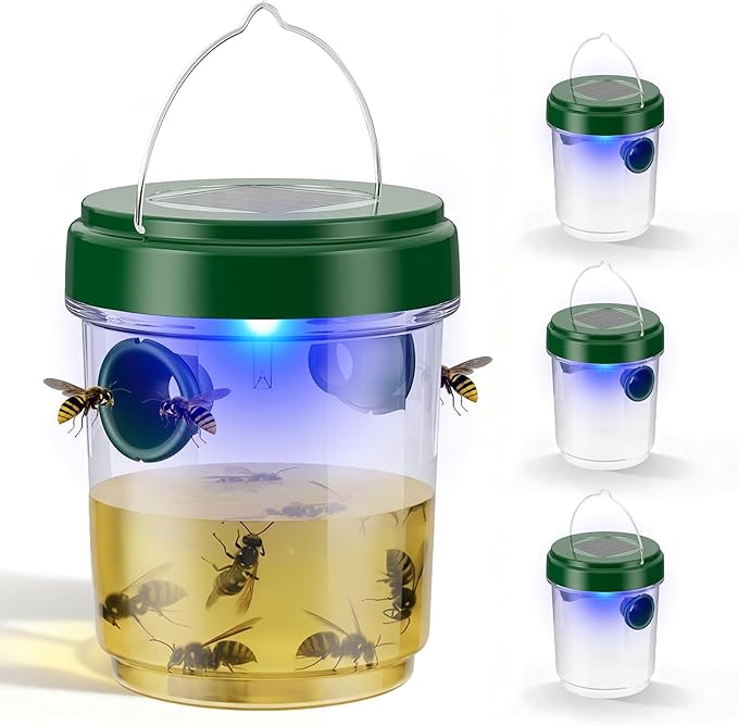 Wasp Trap Outdoor Hanging 4 Pack, Solar Powered Reusable Wasp & Yellow Jacket Trap with LED Light, Carpenter Bee Catcher for Patio, Backyard & Garden