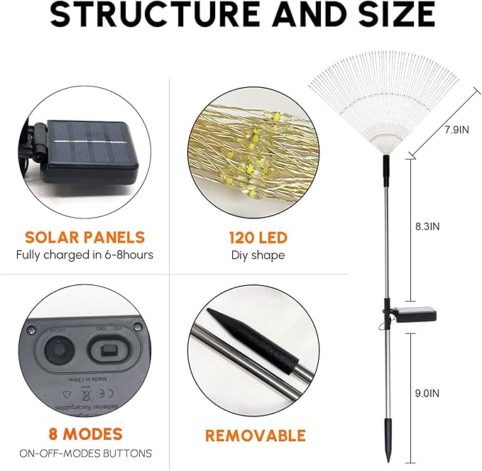 Christmas Solar Garden Firework Lights Outdoor Waterproof, 6 Pack Solar Powered Art Stake Twinkle Lighting for Outside Decor, 120 LED Sparklers String Lights for Yard Pathway Decorations (White)