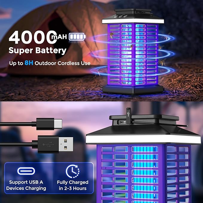 Bug Zapper Outdoor, Mosquito Zapper 2 in 1 Portable & Rechargeable Bug Zapper Outdoor with 5000mAh Battery & LED Night Light, 4000V Electric Fly Zapper for Outside,Patio,Backyard,Garden Purple