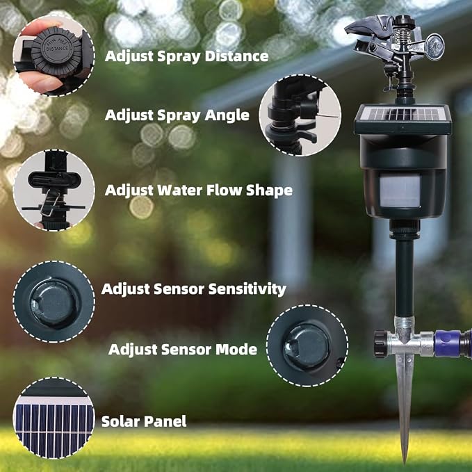 [2025 Upgraded] Yardeen Solar Motion Sensor Sprinkler, Adjustable Garden Water Sprayer with Stake. Day and Night Mode can be Selected