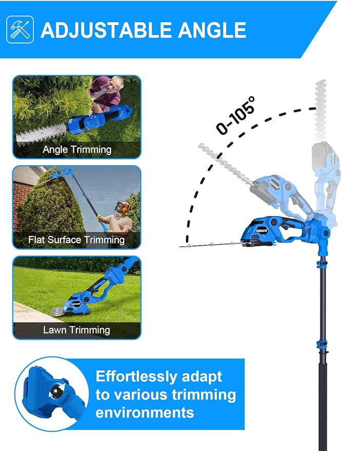 AZZUNO Pole Hedge Trimmer Cordless, 14.5FT Max Reach Electric Grass Shears Shrubbery Hedge Trimmer with 2 Packs 2.0Ah Batteries