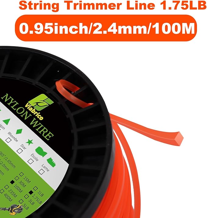 Viabrico String Trimmer Line, Square Orange Heavy Duty Weed Eater String, Premium Nylon Universal 0.095" x 1.7LB, 330Foot