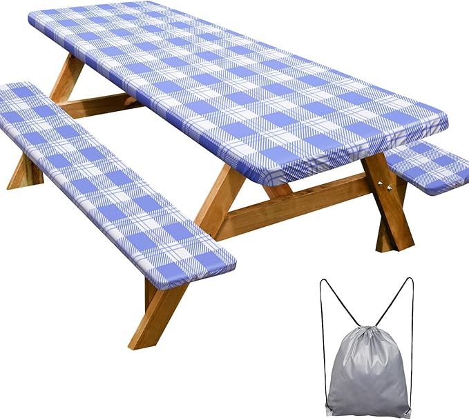 Picnic Table Cover with Bench Covers Camping Essentials Waterproof Windproof Camping Tablecloth with Drawstring Bag, Fitted Rectangle Tables and Seats, 96in, Light Blue Checkered