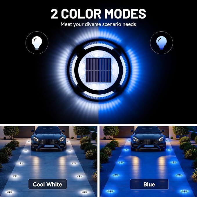 Solar Driveway Lights, 8 Pack Heavy Duty Driveway Lights Solar Powered 2 Color Mode (Cool White/Blue) IP68 Waterproof Outdoor Solar Deck Lights with Ground Stake for Pathway Garden Yard Walkway Dock