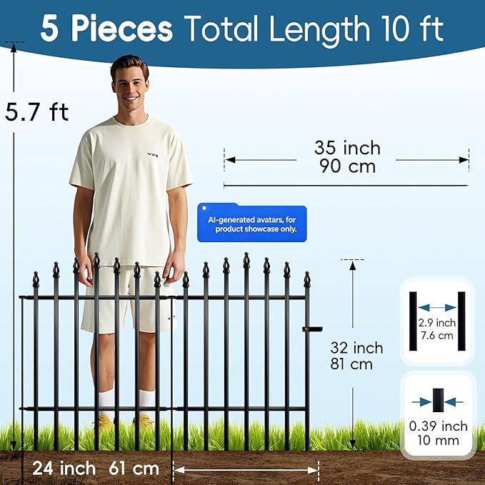 Metal Garden Fence Panels 36" H x 11.6 Ft L, 5 Pack No Digging Decorative Garden Border Fence, Rust-Resistant Black Landscape Edging for Flower Beds, Yard, Patio