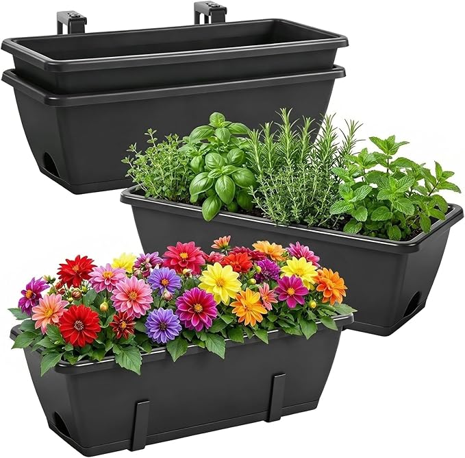 OYEAL Railing Planter Box 4 Pack Window Boxes Planters with Adjustable Brackets 17 Inch Hanging Planters for Outdoor Plants Flower Boxes for Balcony Fence Deck Railing Porch Over Rail, Black