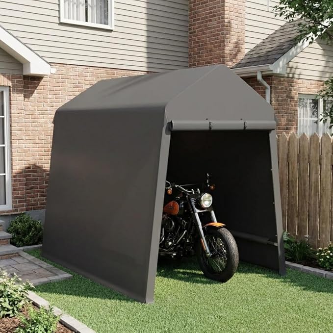 CABIHOME 7X12Ft Motorcycle Carport, Portable Outdoor Storage Shed Tent, Heavy-Duty Carport with Rolled Up Zipper Door & Vent, Waterproof & UV Resistant, for Motorcycle, Bike, Lawn Mower, Tool (Black)