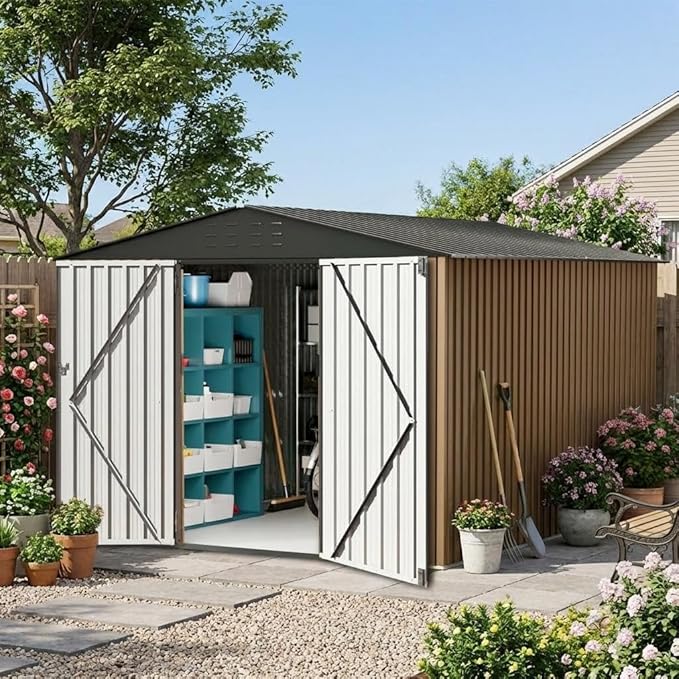 Garvee 10x10ft Metal Shed, Outdoor Garden Tool Storage Shed with Lockable Doors, Large Metal Shed with Sturdy Frame Structure, for Backyard, Patio, Lawn, Brown