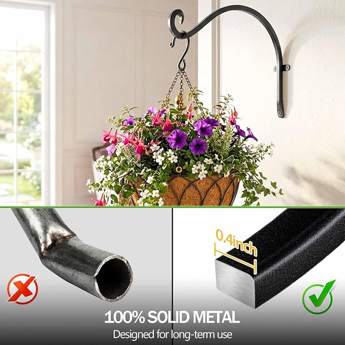 Qiang Ni Bird Feeder Hanger: 12-Inch 50 Lbs Wall-Mounted Plant Bracket Outdoor - 4 Pieces Black Plant Hooks for Hanging Flower Baskets