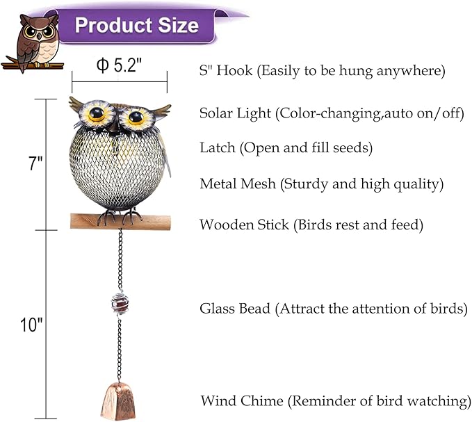 Solar Owl Bird Feeder Squirrel Proof for Outside - Unique Cute Metal Animal Shaped Wild Bird Feeder with Solar Light, Wind Chime, Gift for Bird Lovers(Owl)