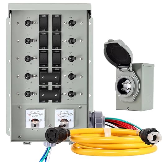 30 Amp Generator Transfer Switch Kit,10-Circuits, 7500W, Indoor&Outdoor, NEMA 3R, Include 10 Foot Cord and 30 Amps Inlet Box, Easy to Install,5 Years Warrnaty