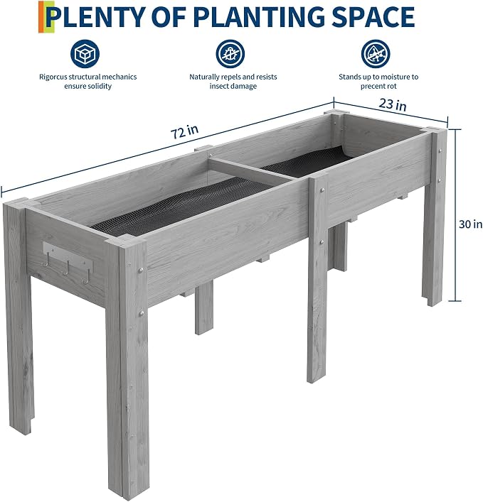 72x 23x30IN Raised Garden Bed Outdoors with High Legs & Hooks, Non-Woven Liner, Elevated Wooden Large Planter Box for Backyard, Patio, Balcony w/Divider Panel, 6 Legs, 300lb Capacity
