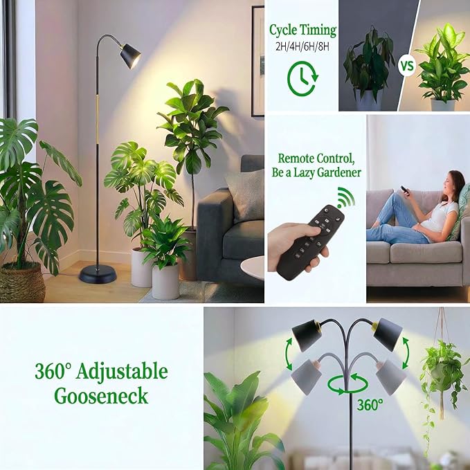 Floor Lamp Grow Lights for Indoor Plants, Adjustable Height Tall Standing Plant Light with Remote & Timer, 360° Gooseneck, Full Spectrum Dimmable, Weighted Base