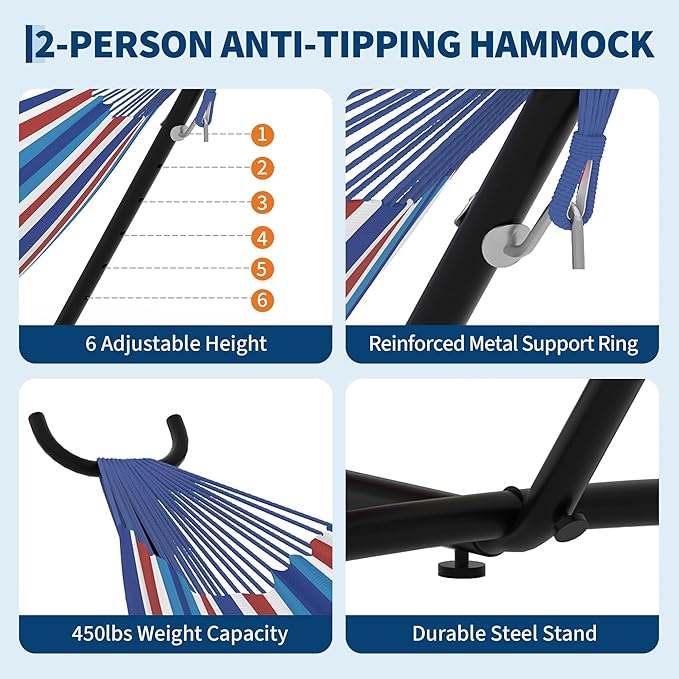 Garvee 2 Person Hammocks with Stand for Outside, Double Hammocks Portable Space Saving Heavy-Duty Steel Stand for Indoor Outdoor Patio with Carrying Bag, 450 lbs Capacity