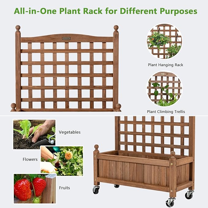 Giantex Mobile Plant Raised Bed, Wood Planter with Lattice Trellis and Wheels, Flower Box for Plant Climbing, Vertical Garden for Balcony Patio Yard (1, 25"x 11"x 32.5")