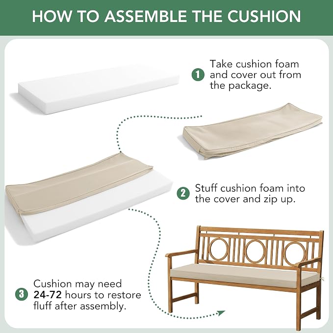 Summsun Outdoor Bench Cushion: Waterproof and Fade Resistant Patio Furniture Cushions - Non-Slip Bench Pad Cushion with Removable Cover for Garden Swing Porch Sofa Settee, 42 x 18 Inch, Beige