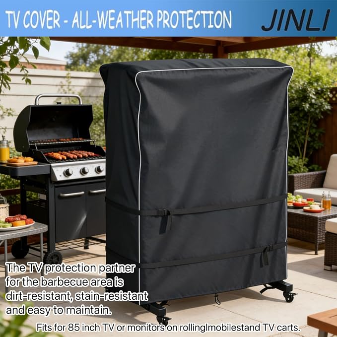 JINLI 85 inch outdoor TV trolley cover, courtyard TV cover, Oxford fabric waterproof and dustproof, triple windproof design, compatible with rolling/mobile stand