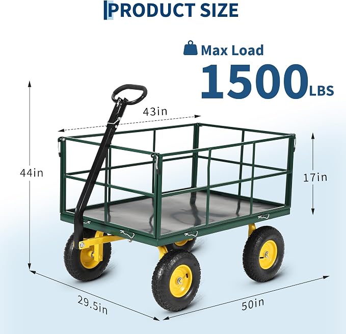 Heavy Duty 1500 Lbs Capacity Mesh Steel Garden Cart Folding Utility Wagon with Removable Sides, Garden Cart on Wheels for Gardening Soil, Tools, and Plant Transport