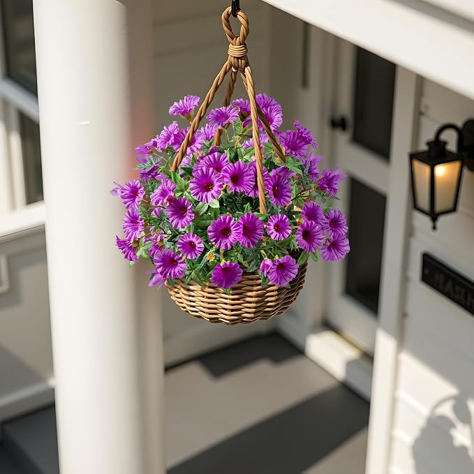 Purple Artificial Morning Glory Flowers for Outdoor Planters, Premium UV Resistant Silk Faux Flowers for Porch, Hanging Basket & Window Box, Cottage Garden Decor, No Pot, 13.3 Inch, 4 Bundles