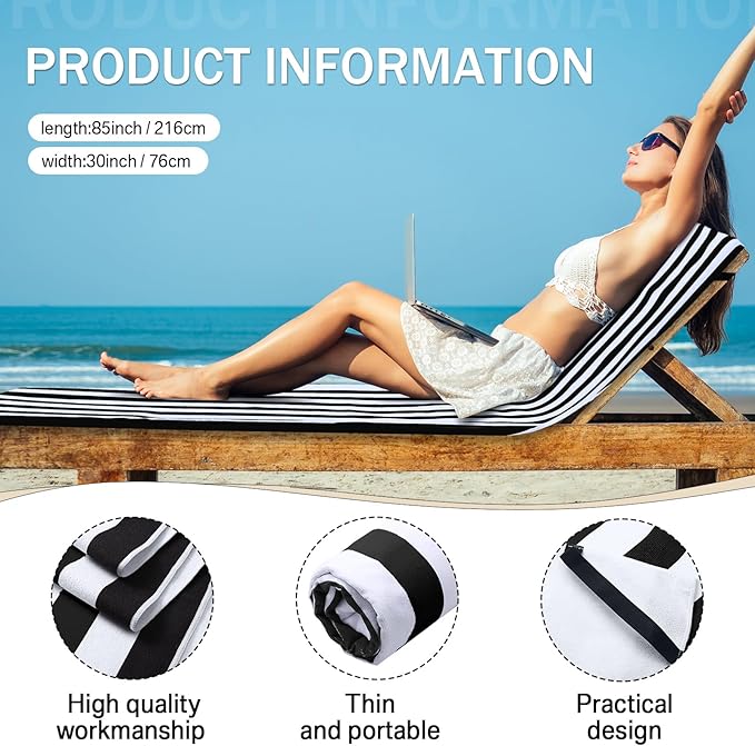 Fumete 2 Pack Lounge Chair Covers 30 x 85 Inch Pool Chaise Lounge Towels Microfiber Beach Chair Towel Portable Striped Outdoor Patio Furniture Cover for Sunbathing Picnic Spa(Black)