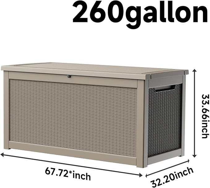 260 Gallon Deck Box, Waterproof Resin Outdoor Storage Box Lockable for Patio Furniture, Fade Resistant Patio Side Table & Organizer for Garden Tools, Pool Float, Outdoor Cushions, Light Coffee