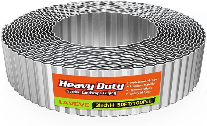 LAVEVE Corrugated Metal Garden Edging 3" x 50ft, Landscape Edging Border for Lawn, Flower Bed, Garden Fence, Paver Edging (Silver)
