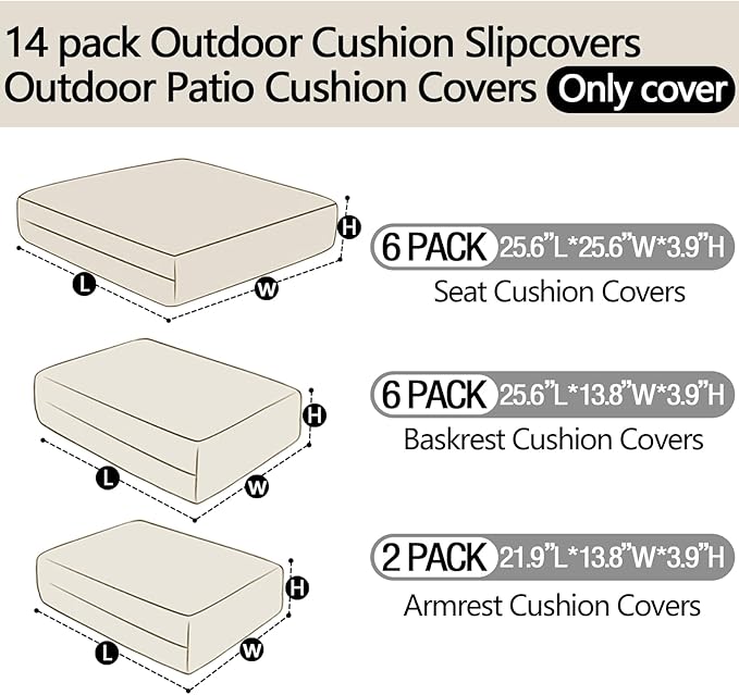 14Pieces Patio Cushion Covers Replacement,Outdoor Couch Cushions Covers Waterproof Furniture Cushion Covers Slipcovers Set with Zippers,Cover Only(Black+White, 25.6×25.6×3.94inches)