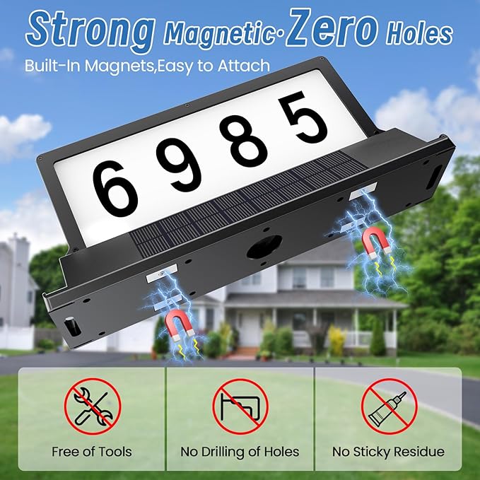 Solar Address Sign for House Numbers – Dual-Sided LED & Dual-Sided Solar Panels, 3 Color Modes, IP65 Waterproof Address Plaque, Strong Magnetic/Stake/Wall Mount, Dusk-to-Dawn for Mailbox Yard Driveway