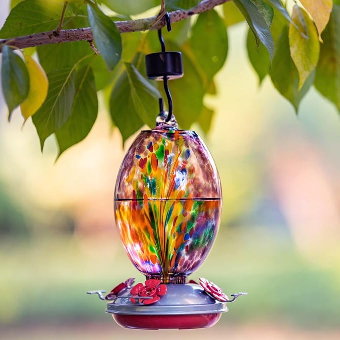 Muse Garden Glass Humming Bird Feeders for Outdoors - 27OZ Blown Glass Hummingbird Feeder - Unique Gift Mom Women, Outdoors Hanging Garden Decor, Includes Ant Moat & Brush, Purple Fireworks | Muse Garden Glass Humming Bird Feeders for Outdoors - 27OZ B...