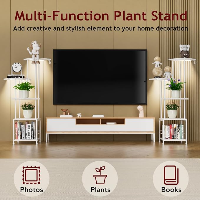 Homsorout Plant Stand Indoor with Grow Light - 5-Tier Metal Plant Shelf with Hanging Basket Hook, Corner Tall Flower Holder for Multiple Plants, Living Room Balcony Garden Patio, White