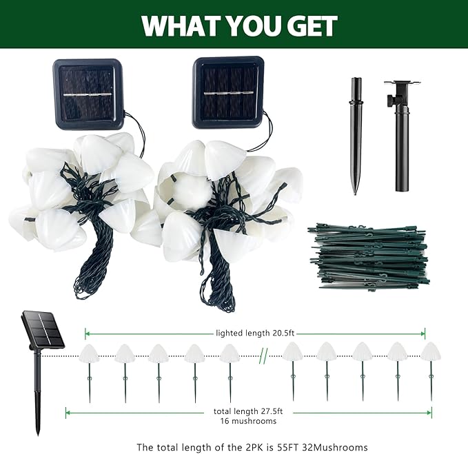 OZS 2PK 32LED 55FT Mushroom Solar Garden Lights Outdoor, Solar String Lights Waterproof with 8 Lighting Modes, Solar Garden Decor for Outside, Pathway Light for Yard Decoration (Cool White)