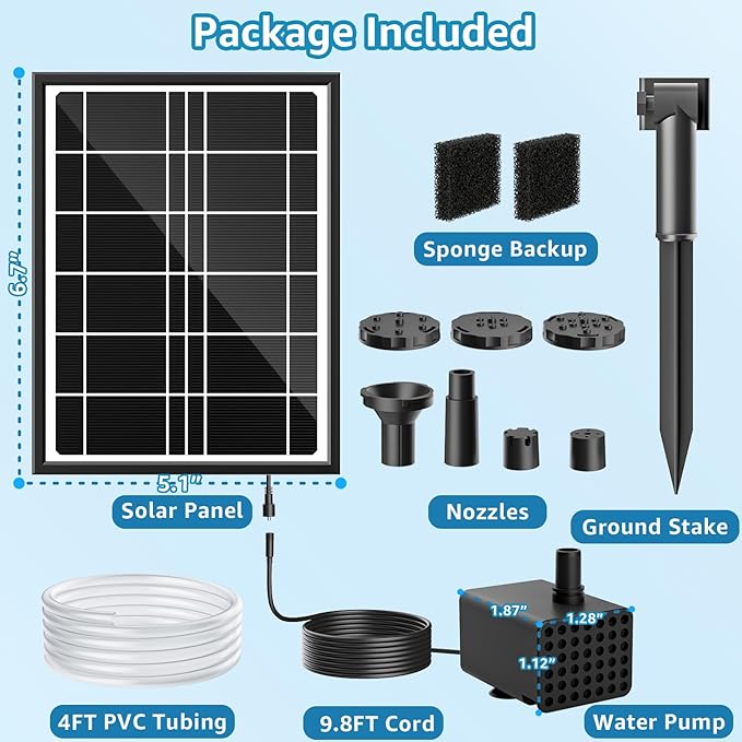 Solar Fountain Pump for Bird Bath, 4W Solar Water Fountain with 5 Spray Modes & 4ft Hose, 9.8ft Power Cord, Dry-Run Protection & Low Noise for Garden Small Pond Fish Tank DIY Water Feature