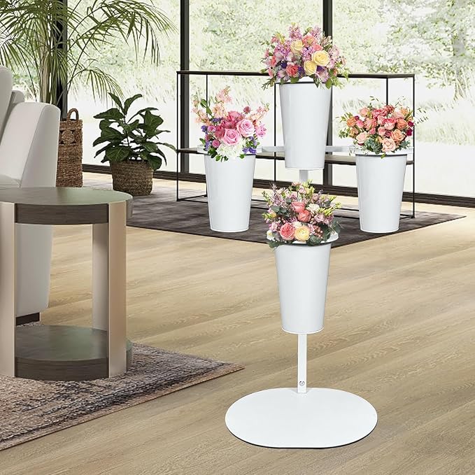 PROLEE Flower Display Stand with 4 Round Buckets, Flower Display Stand, Flower Stand Metal, Florist Bouquet Shelf for Wedding, Party, Events, Oval Base, White