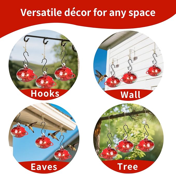 Pozfun Set of 3 Hummingbird Feeders for Outdoors Hanging,Hand-Blown Glass Hummingbird Feeder with Silicone Feeding Perch,Never Leak,Gardening Gifts for Woman Man(Red)