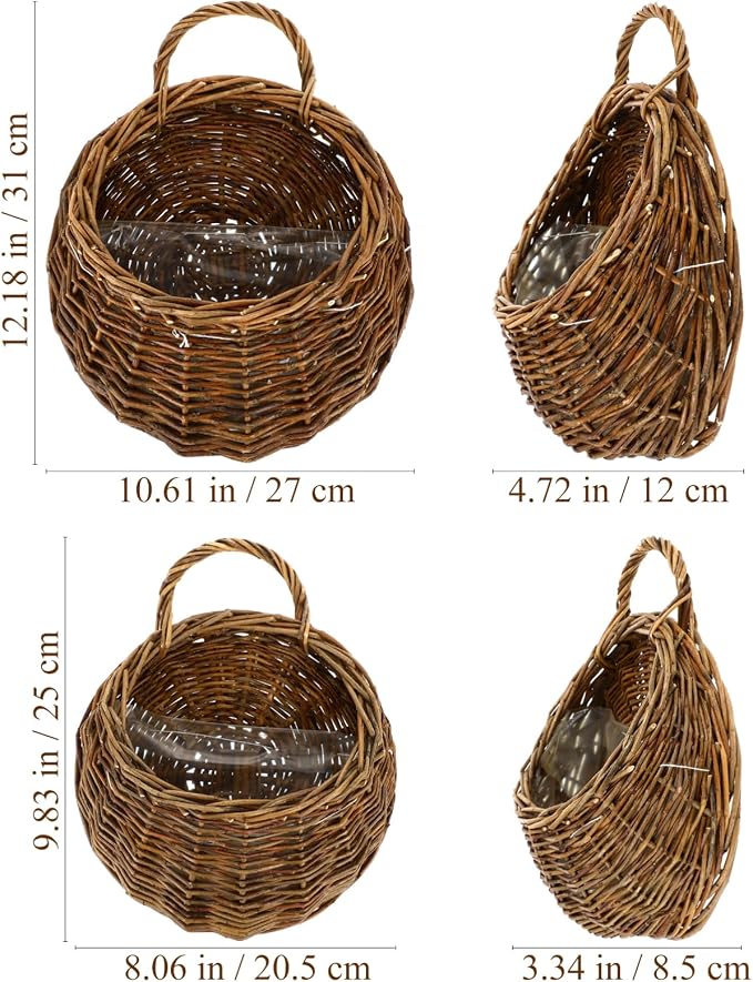 Gatuida 2Pcs Rattan Hanging Flower Basket, Wall-Mounted Woven Planter Rustic Flower Pot, Light Brown, 12.20 x 10.62 x 4.72 Inch