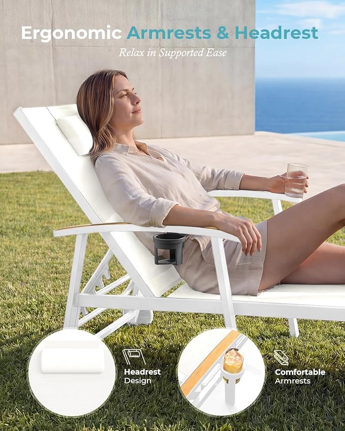 Ciokea Outdoor Lounge Chair with Pillow, 5-Position Aluminum Chaise Lounge with Wheels & Armrests, 400 lbs Heavy Duty Patio Pool Chair for Deck, Backyard, Beach & Poolside, White