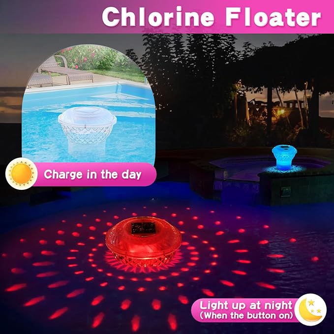 Solar Pool Chlorine Floater,Chlorine Floater with Colorful Lights,Button Control Floating Pool Chlorines Dispenser,Adjustable Release & Easy Opening,Solar chlorines floaters for Hot Tub,Blue