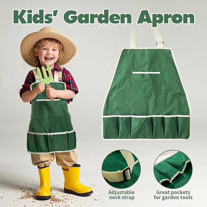 JOI MEW Kids Gardening Tools Set, Garden Toys w/Wooden Handle Alloy Rake,Fork,Trowel, Watering Can,Gloves,Tote Bag,Plant pots, DIY Bookmark Kits, Spring Summer Toy Outdoor Gift for Toddler Boy Girl