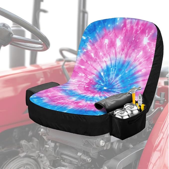 Tie Dye Tractor Seat Cover with Drink Pouch Waterproof Lawn Mower Seat Cover Protector with Side Pockets Compatible with Craftsman Cub Cadet Kubota