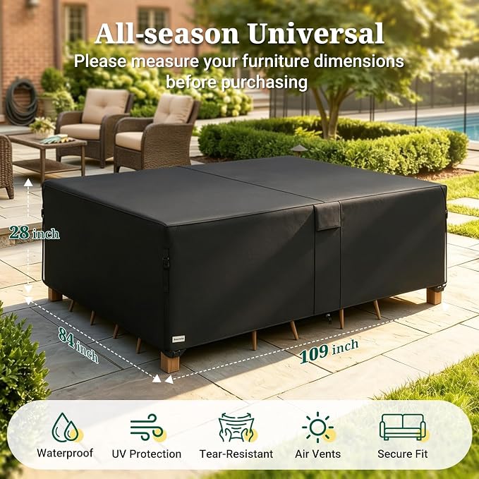 MR. COVER Heavy Duty Patio Furniture Covers, 900D Outdoor Furniture Cover Waterproof , Large Patio Set Covers Waterproof Outdoor for Dining Table and Chairs Combo, 109 x 84 x 28 Inch, Black