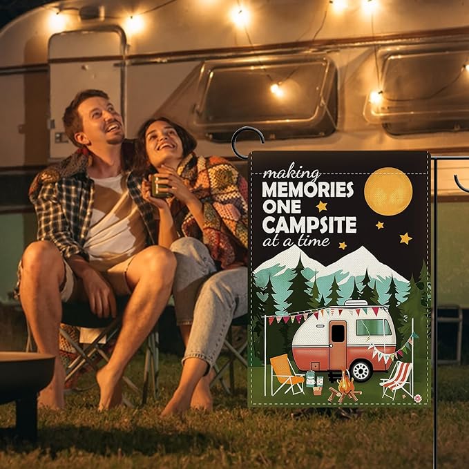 Dyrenson Camper RV Decorative Garden Flag, Making Memories One Campsite at a Time Camping Yard Outside Home Decoration, Campfire Firepit Burlap Outdoor Small Decor Double Sided 12 x 18
