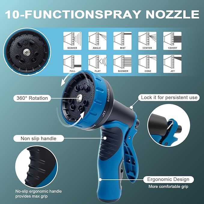 garden hose, non-extendable and ultra-lightweight 25 ft, equipped with 10-function nozzle. Kink-free, sturdy, flexible, and wear-resistant, suitable for use in yards, lawns, outdoors (25 FT)