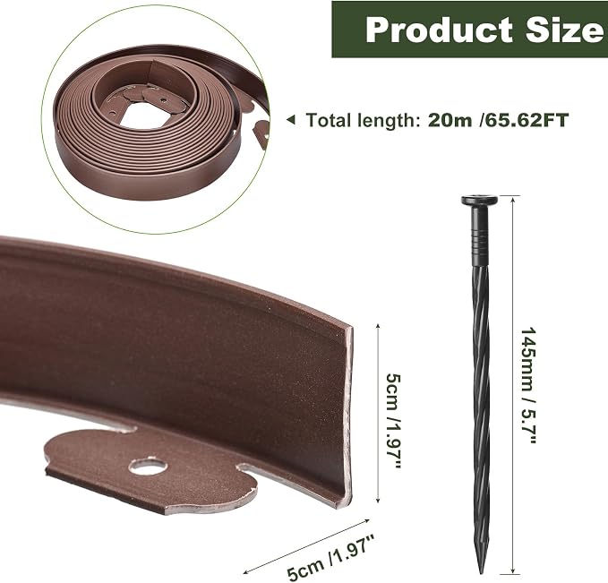 uxcell Landscape Edging, 1Pcs 66FT x 2" - Garden Edging Kit with 60 Stakes, Landscape Edging Border for Garden Lawn Flower Bed Yard Grass (Coffee)
