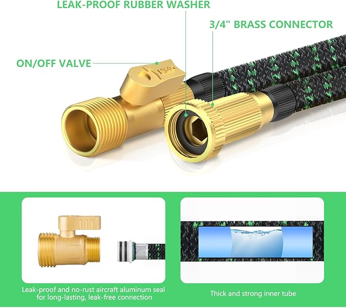 50 FT Expandable Garden Hose-2026 Upgraded Lightweight Flexible Water Hose with 10 Pattern Nozzle,Solid Brass Fittings,5-Layer Latex Core,3750D Durable Fabric,Kink-Free & Leakproof Expanding Hose