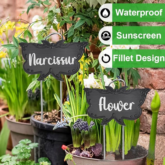 Metal Plant Labels, Tall Outdoor Butterfly Garden Markers for Flowers, Fruits and Vegetables, 304 Stainless Steel Weatherproof Signs (25 Packs, 4" x 2.3", Black Butterfly Design)