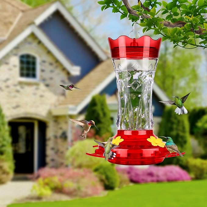 BOLITE Glass Hummingbird Feeders for Outdoors Hanging, Built-in Ant Moat, 4 Bee Guard Feeding Ports with Perches, Leak Proof, 15 Ounces, Stars Decor, Red, Gifts for Women Men, Gifts for Mom Dad