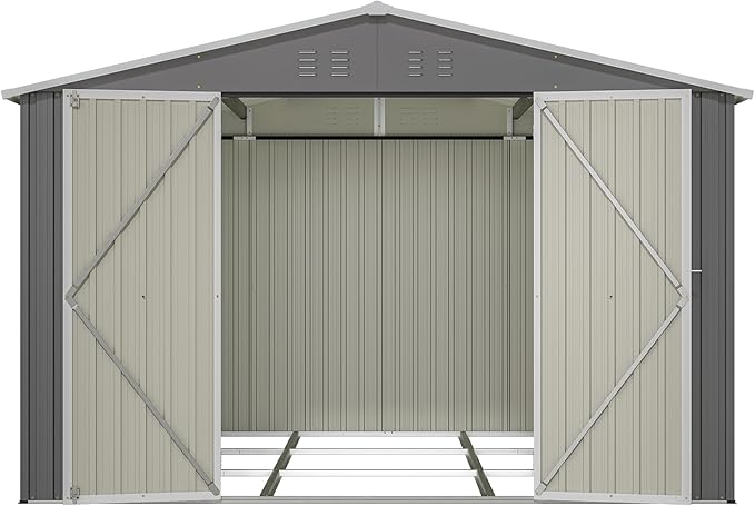 YOPTO 10×10 FT Outdoor Storage Shed,Metal Aluminum Waterproof Tool Sheds with Foundation,Doors & Vents,Heavy-Duty Sheds Unit W/Lock & Key,for Storing Bicycles,Lawnmowers,Barbeques,Gray