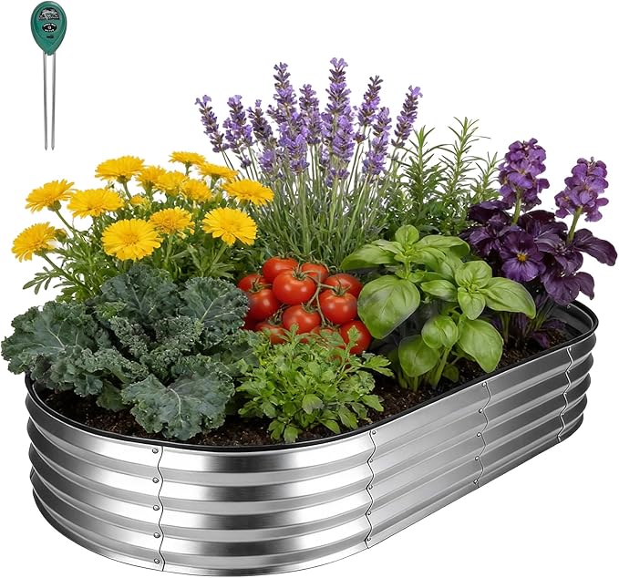 Galvanized Raised Garden Bed 6x3x1ft, Rust-Resistant Metal Oval Planter Box Outdoor, Easy Assembly Planting Bed Kit for Vegetables, Fruits, Herbs - Silver