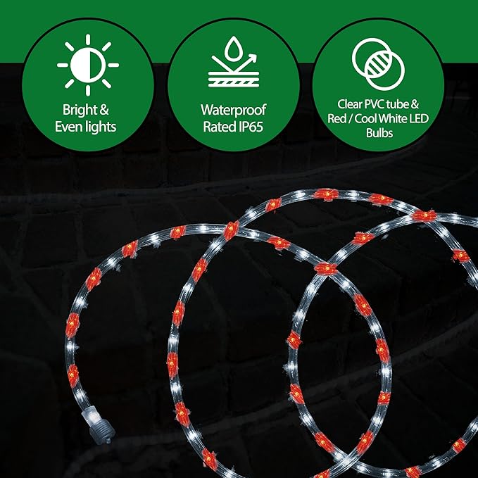 Tupkee LED Rope Light Red & Cool White - for Indoor and Outdoor use, 24 Feet (7.3 m) - 10MM Diameter - 144 LED Long Life Bulbs Rope Tube Lights - Pack of 2